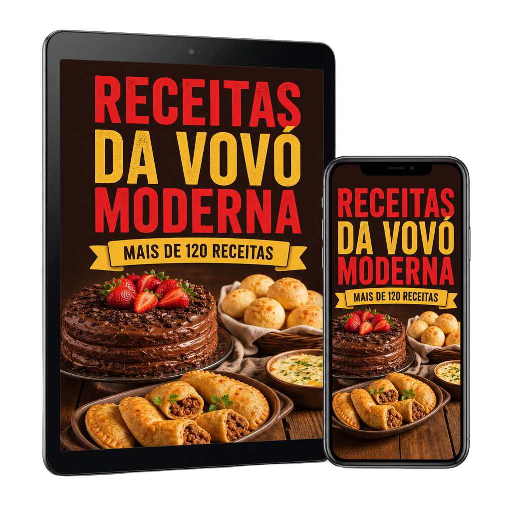 eBook Receitas da Vovó Moderna com mais de 120 receitas, exibido em um tablet e em um celular
