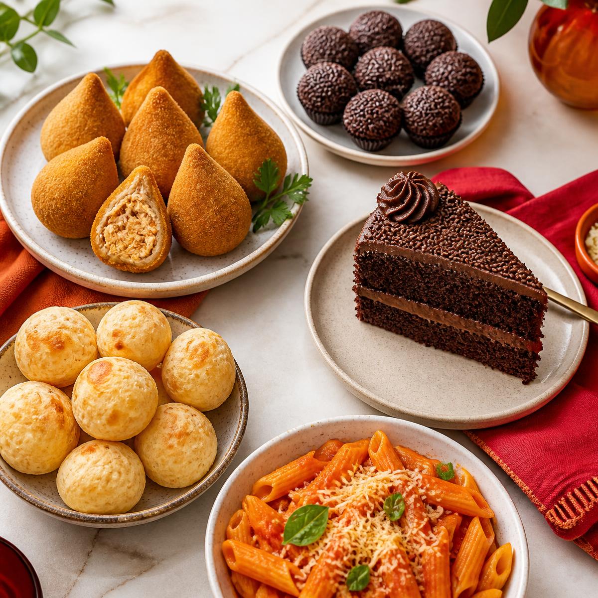 Coxinhas, brigadeiros, bolo de chocolate, pão de queijo e massa caseira servidos em pratos